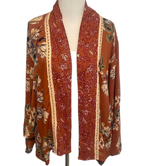 Angie Open Kimono Cardigan Women's Small Toffee Floral Topper Coverup Beachy - Picture 1 of 7